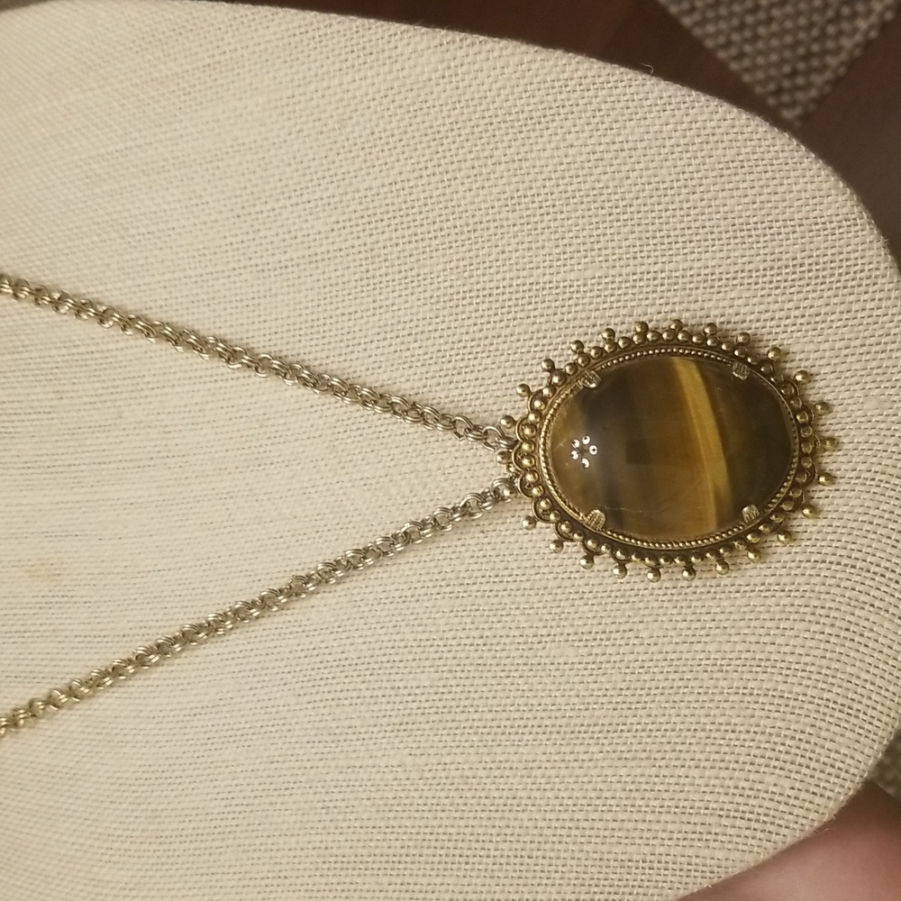 Vtg Genuine Tiger Eye Brooch/Pendant Necklace